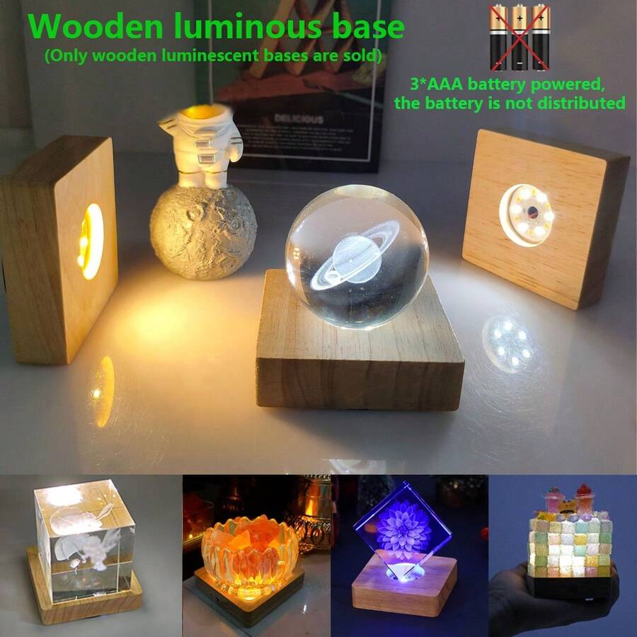 8CM Square 3AAA Battery Powered Wooden Night Light, LED Display Lamp, Decorative Base Light. Suitable For Crystal, Glass, Resin, Acrylic Display Statue Decoration, DIY Decoration - Square - View 1