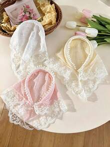3Pcs French Lace Pom‑Pom Trim Headscarf Vintage Boho Hair Wrap For Women - Multicolor - View 4