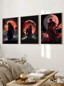3-Piece Set Mysterious Warrior Wall Art, Red Moon And Mountain Background, Optional Frame - A - View 6