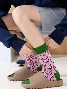 3 Pairs Pink & Green Colorblock Mid-Calf Socks For Women, Abstract Cartoon Rabbit Slouch Socks, Ins Style - Multicolor - View 2