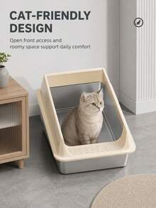 1pc Large Capacity High-Wall Thickened Semi-Enclosed Open-Entry Anti-Splash Anti-Tracking Cat Litter Box, Stainless Steel Inner Basin With Plastic Guard, Minimalist Modern Cream White And Silver Metal Base, Rectangular Rounded Corner High-Side Structure, Front Sand-Catching Pedal, Fine Sifting Holes, Stable Base, Smooth Inner Walls, Wear-Resistant Durable Rust-Proof Easy-Clean Detachable Washable, Reduces Litter Scatter And Tracking, Easy Access Large Space Cat Toilet - Multicolor - View 2