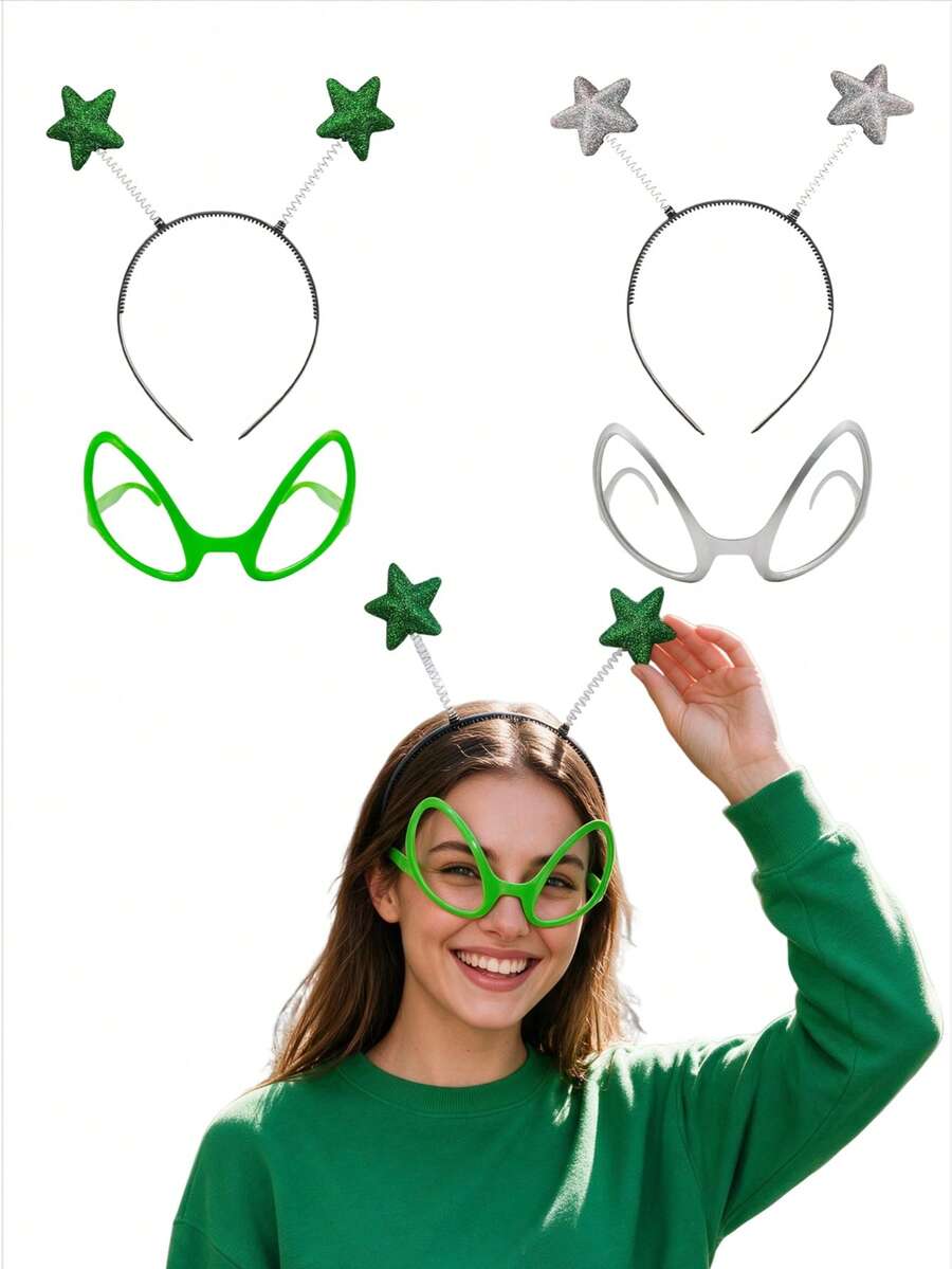 Alien Headband & Glasses Set, Star Spring Headband Funny Party Costume Prop, Suitable For Alien Theme Cosplay, Party Outfit Accessory, Sci-Fi Theme Party, Funny Dress-Up Party Role Play Prop - Multicolor - View 1