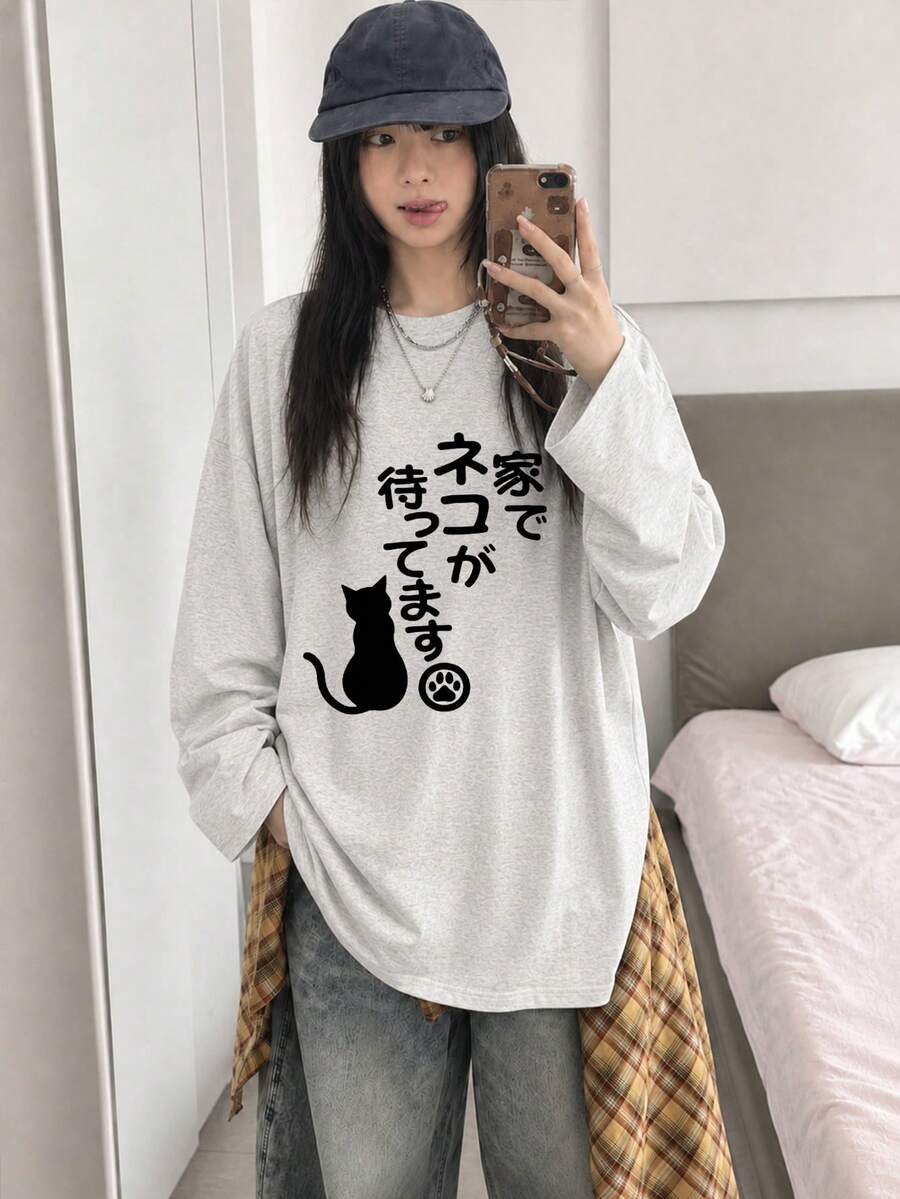 女款時尚秋冬寬鬆百搭圓領休閒日系卡通貓咪印花長袖T恤 - 淺花灰 - 查看 1