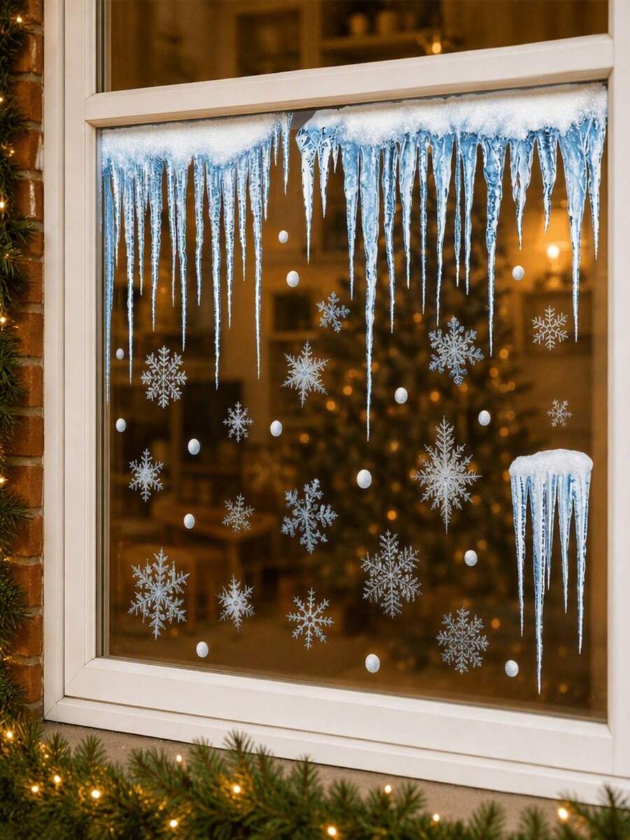 4pcs Christmas Icicle Window Sticker Decals, Includes Snowflake And Icicle Decals, Icicle Christmas Window Stickers, Winter Wonderland Background Decorative Stickers, Suitable For Christmas Home Decor,Shop Window Cling, Ideal Winter Decor Party Props - Ice Pick Style - View 1