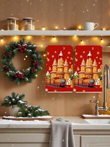 2pcs Christmas Gingerbread Castle And Cookie Print Kitchen Towels, Colorful Candy Winter Village Design Dish Cloths, Suitable For Kitchen Cleaning & Christmas Decor - Red - View 3
