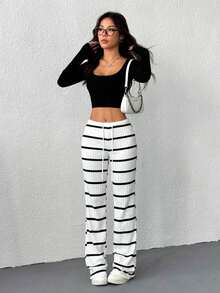 Xana Street-Style Ribbed Wide-Leg Pants With Drawstring; Women's Autumn/Winter Trousers; Women's Business-Casual Straight-Leg Pants; Office Wear. - White - View 4