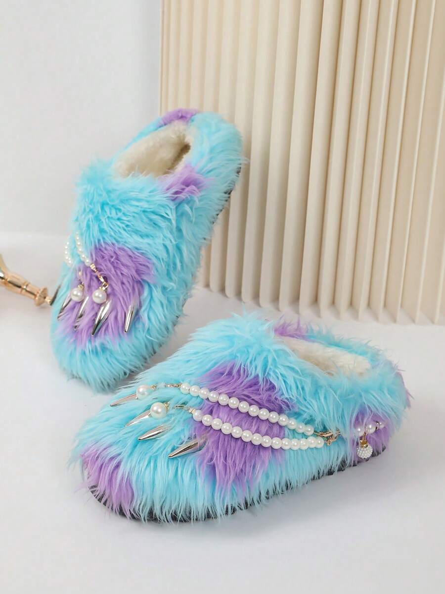 Women's Blue & Purple Colorblock Long Fur Mule Closed-Toe Slippers, Pearl Chain With Stud Rivets And Pearl Pendant Decor, No Back - Blue - View 1