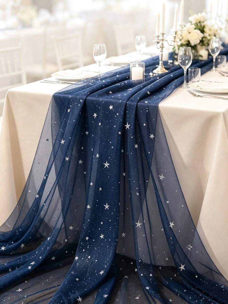 Navy Blue Starry Sky Tulle Fabric, Customizable Cutting, Suitable For Wedding Party Decoration, Multi-Functional Starry Sky Fabric, Can Be Used For Table Decoration, Chair Bows, Backdrop Curtains, Gift Box Packaging, Bridal Shower, Birthday Party Event Decor Supplies - Dark Blue - View 1