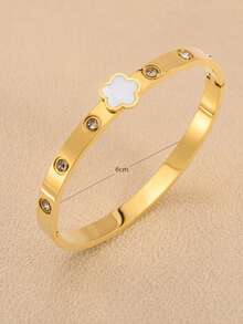 1pc 18K Gold Plated Stainless Steel White Mother Of Pearl Clover Rhinestone Inlaid Thin Bracelet, Luxury Unisex Daily Versatile Holiday Gift Bangle - Gold - View 3