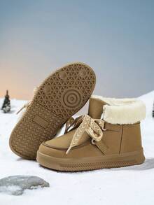 1 Pair Girls' High-Top Lace-Up Snow Boots, Thick Fleece Lining, Anti-Slip, Khaki Color, Warm Winter Boots - Camel - View 4