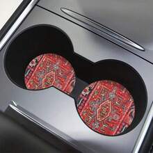 1 Set Of Bohemian Pattern Car Cup Holder Pads, Universal Compatible, Made Of Natural Rubber Anti Slip Polyester Back, Absorbent Knitted Fabric, Cute Cartoon Storage Pad, Used For Vehicle Interior Size 2.8 Inches, Washable, Single Weight 15 Grams - Red Bohemian 2-piece Set - View 9