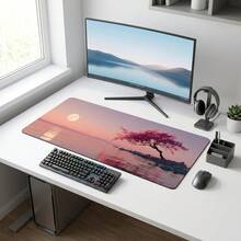 Pink Cherry Blossom Tree Full Moon Reflection On Quiet Lake Pattern Extra Long Gaming Mouse Pad And Desk Mat Set, Non-Slip Durable Rubber Base, Smooth Surface Suitable For Computer Laptop Office Home, Abstract Art Decor, Back To School Supplies - A - View 6