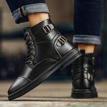 Men's High Gloss Pure Black Thick Sole Height Increasing Boots, Oxford Boots And Dress Boots - Black - View 2