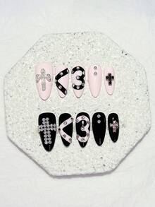 10pcs Pink & Black Cross & Number 3 Press-On Nails, Rhinestone & Stud Decor Fake Nails, Almond Shape Gothic Punk Nail Art Tips, Nail Supplies (1pc Jelly Glue + 1pc Nail File) Handmade Press On Nails - Multicolor - View 13