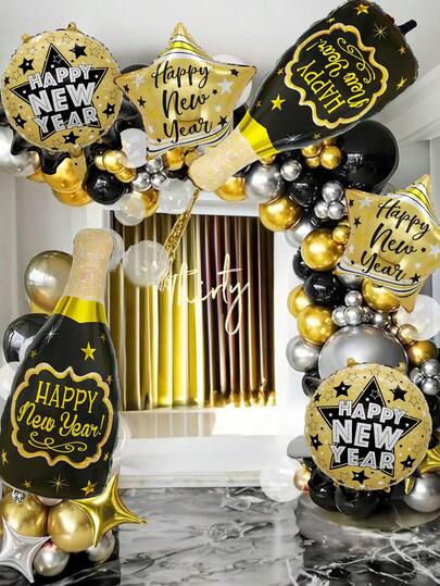 6pcs/Set-2027 Balon Foil Hitam & Emas Selamat Tahun Baru, Termasuk Balon Foil Botol Anggur & Bintang Tahun Baru, Cocok untuk Pesta Tahun Baru, Dekorasi Malam Tahun Baru, Pesta Natal, Ulang Tahun, Properti Photobooth, Barang Dekorasi Hari Raya