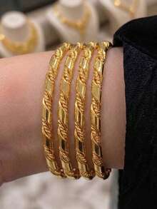 4Pcs 24K Gold Plated Twisted Rope Bangle Set, Rust-Resistant Gold Alternative Stackable Slash Metal Solid Bracelet Fine Jewellery - 01 - View 1
