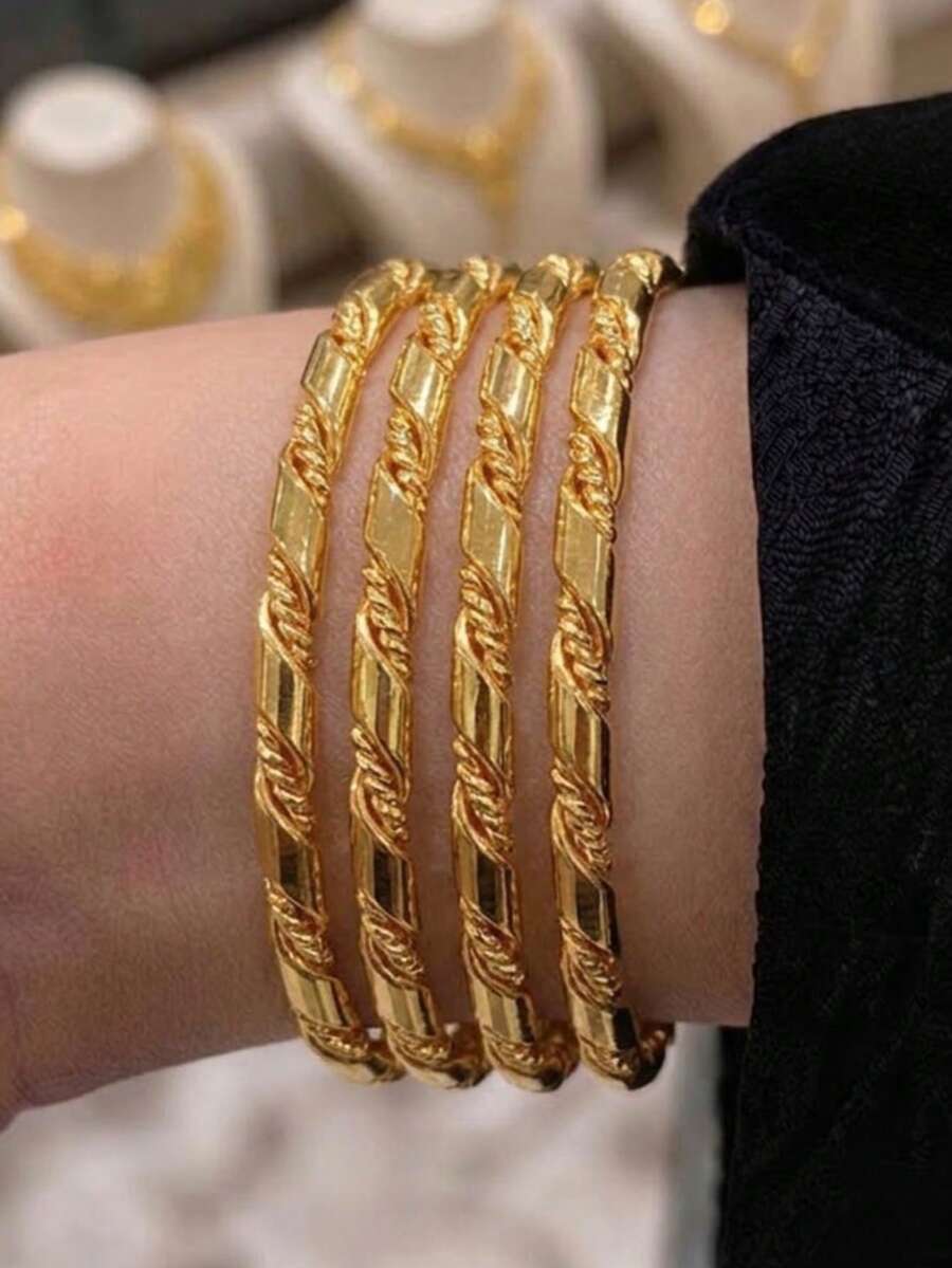 4Pcs 24K Gold Plated Twisted Rope Bangle Set, Rust-Resistant Gold Alternative Stackable Slash Metal Solid Bracelet Fine Jewellery - 01 - View 1