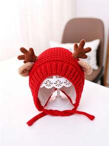 1pc Red Knitted Earflap Hat, Cute Deer Horn Decoration, Soft Lining Warm Knitted Hat With Drawstring, Winter Outdoor Protective Headwear, Suitable For Daily Wear - Multicolor - View 9