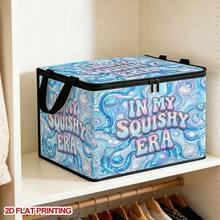 1pc 2DFlat Foldable Zipper Storage Box, Blue Iridescent Fluid Shell Fun English Art Letter Full Print Design, Can Store Clothes, Bedding, Nail Tools, Holiday Sundries, Suitable For Under Bed, Wardrobe Placement And Moving Packing, Zipper Closure Secure, Reinforced Handle Durable Weight-Bearing Living Room Sundries Storage Basket, Dormitory Seasonal Bedding, Book Storage Supplies - A - View 4