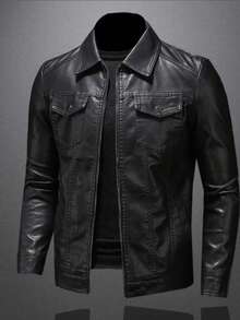 Men's Multi-Pocket PU Leather Jacket, Motorcycle Jacket, Lapel Collar Leather Jacket, Commute, Casual, Party, Work - Black - View 1