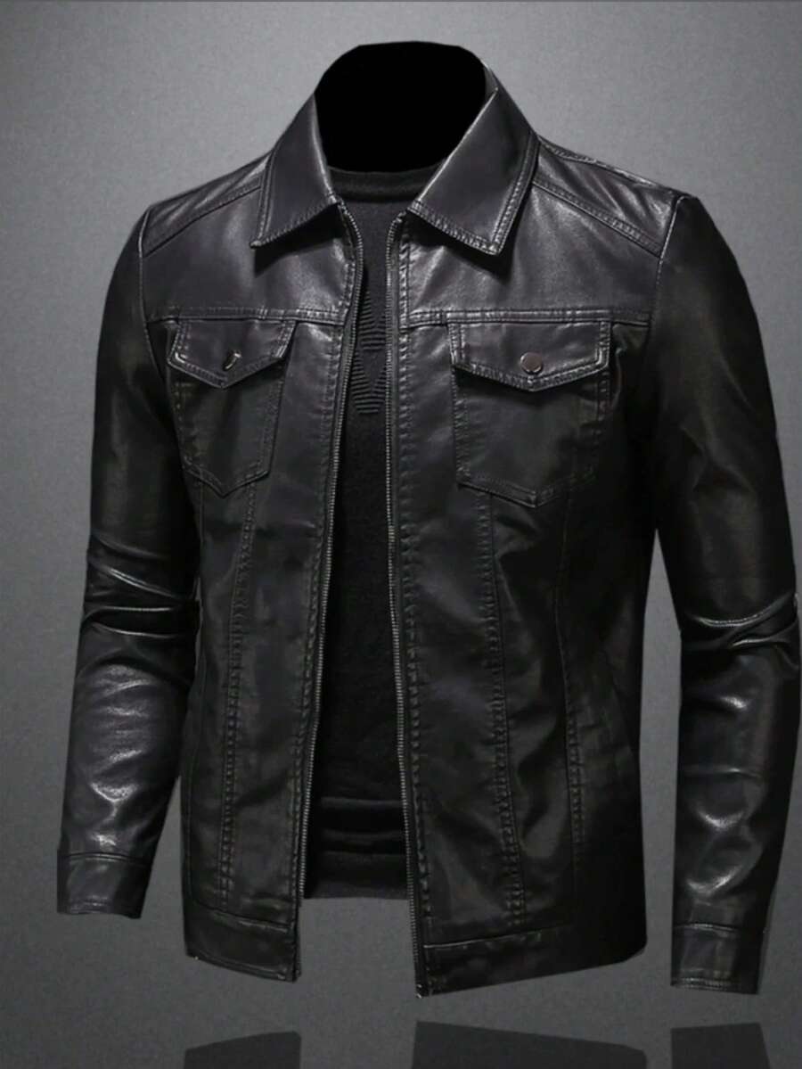 Men's Multi-Pocket PU Leather Jacket, Motorcycle Jacket, Lapel Collar Leather Jacket, Commute, Casual, Party, Work - Black - View 1