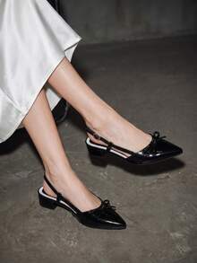 Women's Pointed Toe Bow Slingback Shoes, Black Low Heel Flats, Stylish Versatile Dress Shoes - Black - View 2