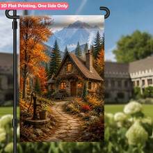 1 Pc Garden Flag, Stone Cottage Golden Autumn‑Tree Snow‑Mountain Print, Stone Path Old Well Floral Details, Flag Only No Pole, For Yard Outdoor Decor - A - View 2