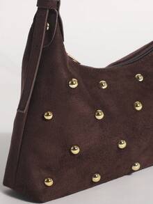 1pc Brown Textured Velvet Crescent Bag With Rivet Embellishment, Baguette Underarm Shoulder Bag For Women, Suitable For Commuting, Dating And Shopping - Coffee - View 6