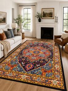1pc Vintage Red Persian Carpet, Traditional Oriental Geometric Floral Rug, Machine Washable Non-Slip Low Pile Carpet, Suitable For Living Room, Bedroom, Dining Room, Entryway, Office, Farmhouse Home Decor - Multicolor - View 17