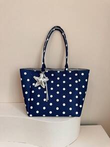 1 buah Tas Tote Nilon Polkadot Kapasitas Besar Warna Biru untuk Wanita - Biru - View 4