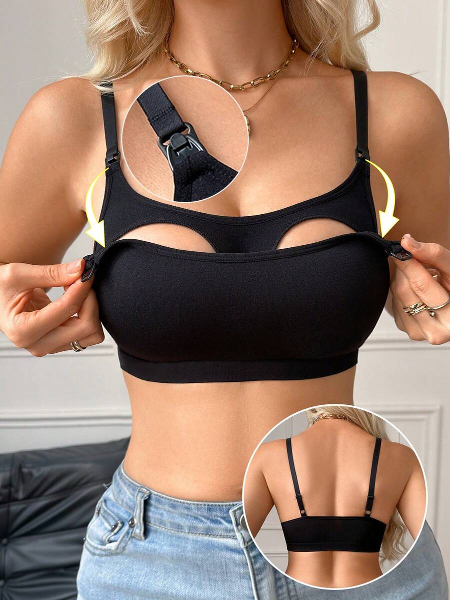 黑色便利前扣舒適哺乳內衣,無鋼圈不束胸女性內衣孕婦內衣 - 黑色 - 查看 1