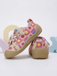 1 Pair Girls' Pink Plaid Polka Dot Cartoon Colorblock Cat Hook-And-Loop Canvas Slip-On Shoes, Suitable For School And Casual Wear - Multicolor - View 4