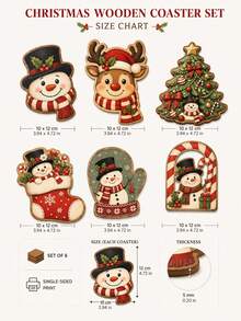 6-Piece Christmas Coaster Set (Snowman & Reindeer)–Irregular Wooden Cartoon Coasters Featuring Christmas Tree, Stocking, Mitten, Candy Cane, And Door Designs; Christmas Gifts,Suitable For Home Kitchens, Dining Areas, Holiday Parties, And Winter Decor - Multicolor - View 9