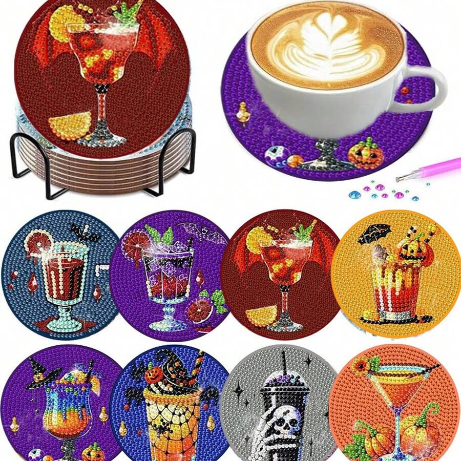 8pcs/Set Diamond Painting Coaster Set Halloween Pattern Coasters (With Stand) - Home Decor DIY Diamond Art Craft Kit For Beginners, Diamond Craft Supplies, Artificial Diamond Art Craft Supplies Gift