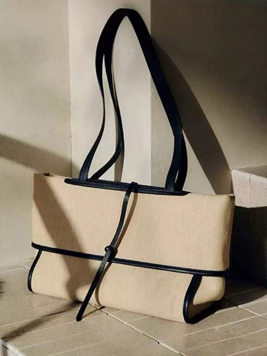 Niche Design Minimalist Canvas Tote Bag, Vintage Large Capacity Daily Commute Handbag, Casual Versatile Shoulder Bag For Women - Beige - View 1