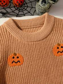 男孩女孩萬聖節南瓜刺繡圓領長袖針織毛衣，3D紋理趣味圖案休閒百搭節日套頭衫 - 橘色 - 查看 3