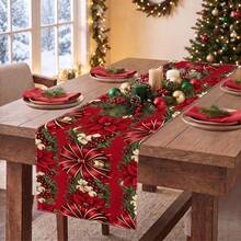 1pc Christmas Red Berry & Pine Branch Print Table Runner, Suitable For Holiday, Party, Birthday, Dinner, Restaurant Table Decor, Christmas Home Decoration - Multicolor - View 3