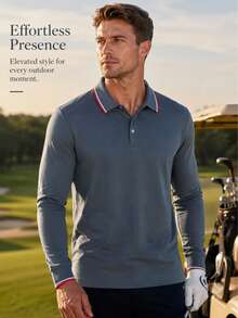 Men's Contrast Trim Collar Long Sleeve Polo Shirt, Casual Gentleman Style, Button Front Casual Top, Slim Fit Polo For Spring And Autumn, Suitable For Daily Commute, Date, And Leisure Outings - Dusty Blue - View 3