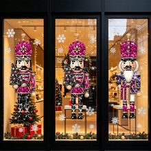 1/3pcs Glitter Nutcracker Window Cling, Static Cling, Reusable, For Home Winter Bedroom Window, Nutcracker Soldier Snowflake Print, Holiday Window Decor - Multicolor - View 4