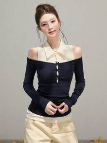 Kaos Lengan Panjang Wanita 2 in 1 dengan Kerah dan Bahu Terbuka, Desain Slim Fit yang Membentuk Pinggang dan Menawan, Atasan Gaya Seksi Serbaguna - Navy Blue - View 5