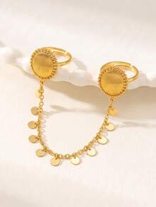 24K Gold Plated Double Chain Set, Rust-Resistant Gold Alternative Round Disc Beaded Pendant Coin Pendant Open Ring Fine Jewelry - Oval - View 3