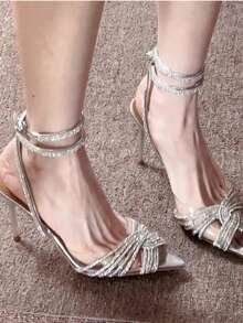 Silver Rhinestone Pointed Toe Stiletto High Heel Sandals For Women With Ankle Strap, Bowknot, Crystal Decor, Transparent Party Evening Dress Shoes - Silver - View 6
