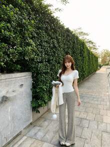 女款新款灰色杏色條紋蕾絲飾邊直筒休閒寬腿長褲 - 灰杏條紋 - 查看 5