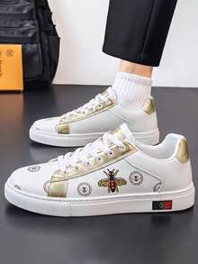 GAISIMA Fashion Men's Bee Pattern Gold Patchwork Low-Top Sneakers, Casual Flat Lace-Up Shoes Suitable For Street Daily Wear In Spring And Autumn - White - View 6