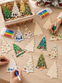 12pcs Wooden Christmas Tree Decorations, DIY Blank Wooden Hanging Ornaments, Suitable For Christmas Tree Handmade Crafts And Winter Party Decor (Beige Christmas Tree) - Multicolor - View 7