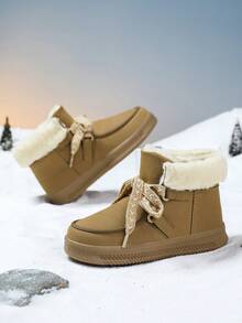 1 Pair Girls' High-Top Lace-Up Snow Boots, Thick Fleece Lining, Anti-Slip, Khaki Color, Warm Winter Boots - Camel - View 3