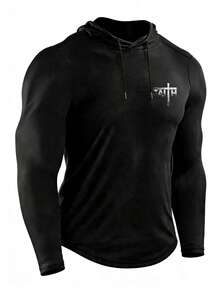 Men's Personalized Print Hooded Sports Top, Quick-Dry Fitness Running Training Long Sleeve Hoodie - Black - View 4