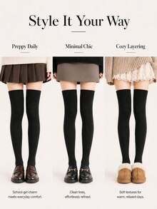 1 Pair Women's Solid Black Over-The-Knee Socks, Soft Stretch Knit Thigh High Socks With Ribbed Cuff For Daily Wear - Black - View 6