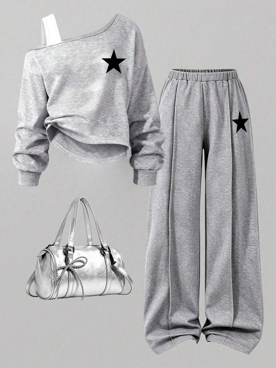 Youth Girl Cartoon Print Round Neck Asymmetrical Shoulder Long Sleeve Top And Pants - Grey - View 1