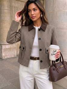 Double-Layer Lined Vintage Houndstooth Short Jacket For Women, Contrast Color Leather Lapel Single-Breasted Large Pocket Petite Jacket, Contrast Collar And Double-Button Design, Long Sleeve Fashion Outerwear - Multicolor - View 2